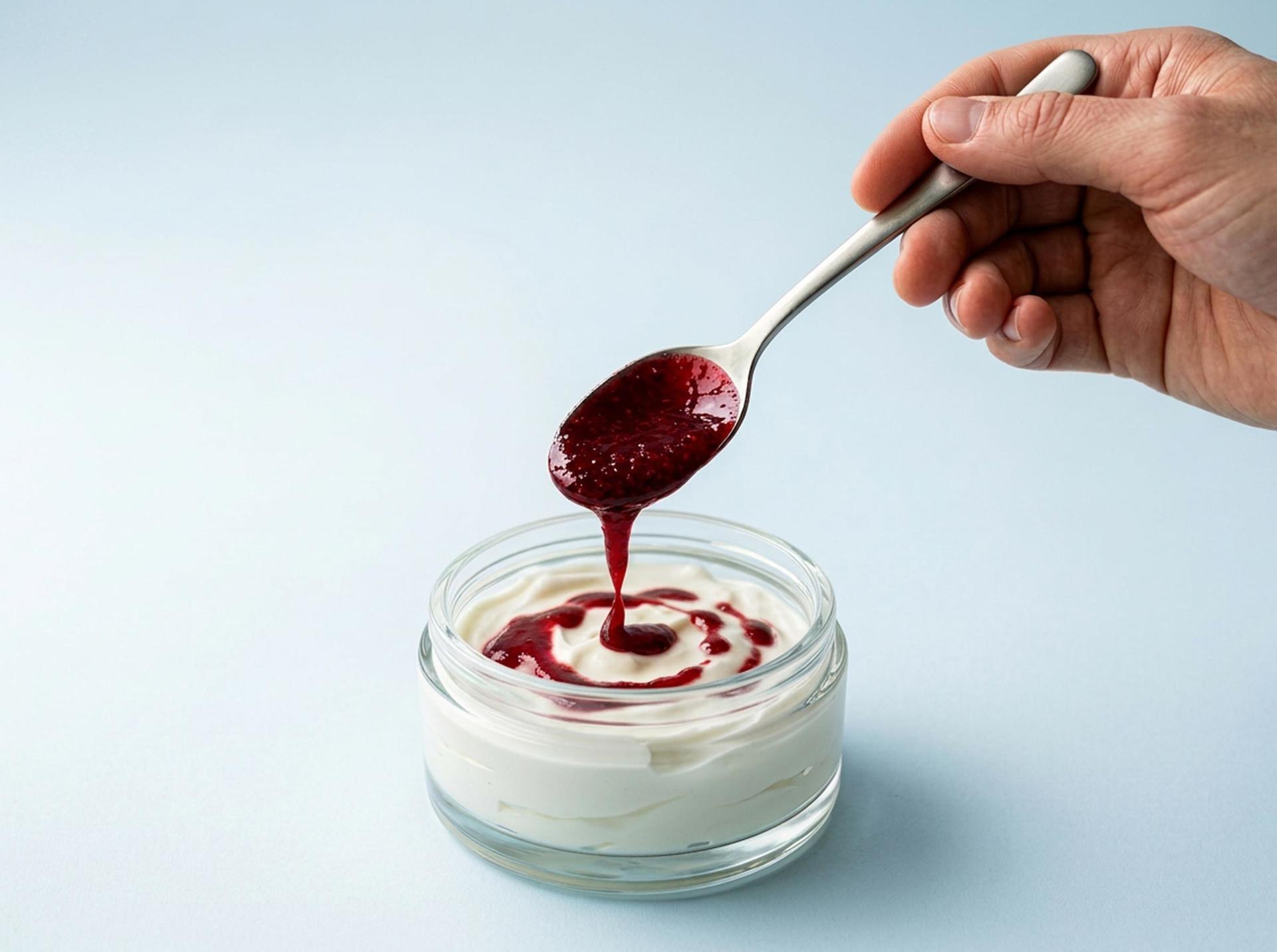 Spoon drizzling red berry sauce into a glass jar of white yogurt on a light blue background