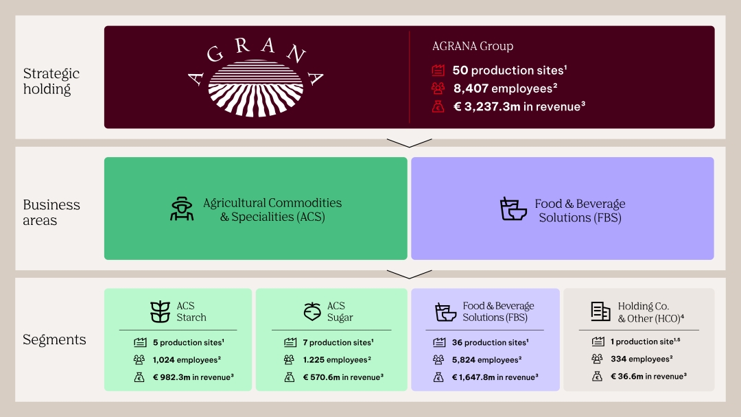 Infographic of the AGRANA Group structure: 50 production sites, 8,407 employees, holding, business areas and segments