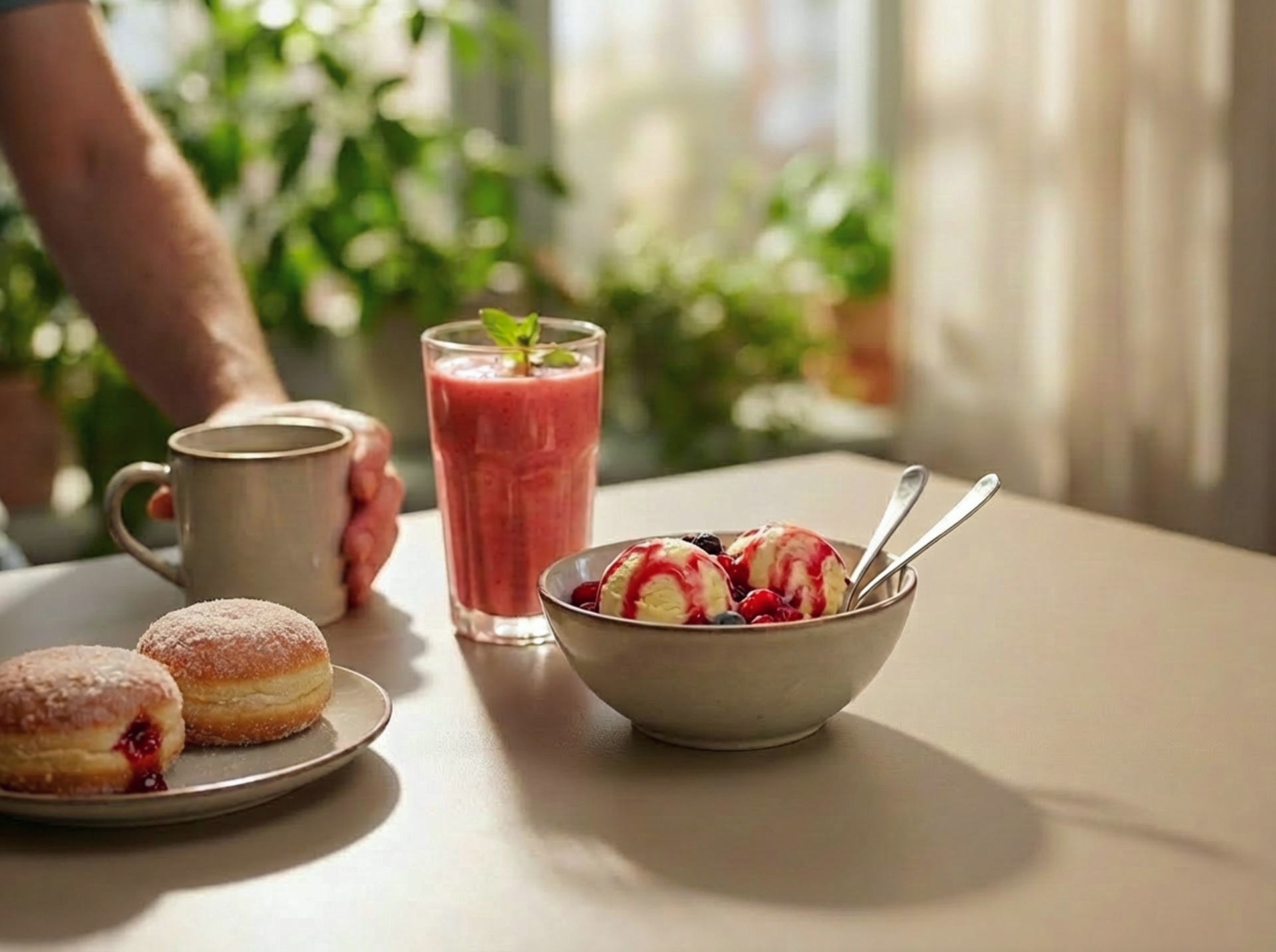 Frühstückstisch mit Marmeladekrapfen, Beeren-Smoothie und einer Schale Eis mit Beerensauce