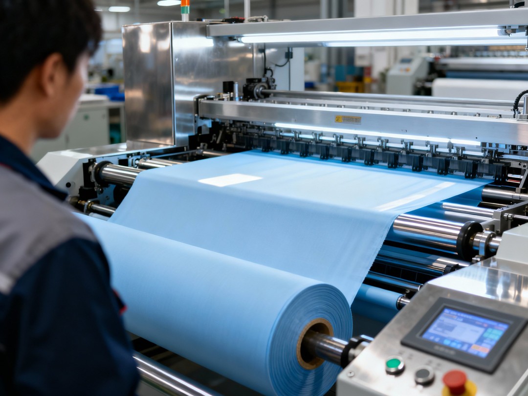 Worker at an industrial machine unwinding a roll of light blue nonwoven fabric