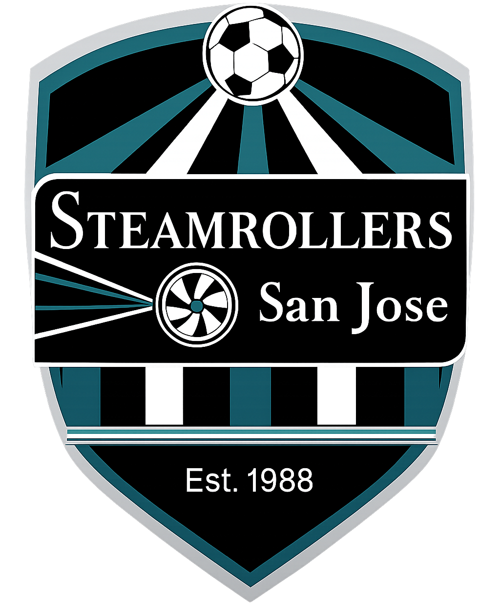San Jose Steamrollers logo with a soccer ball and the text 'Est. 1988'.