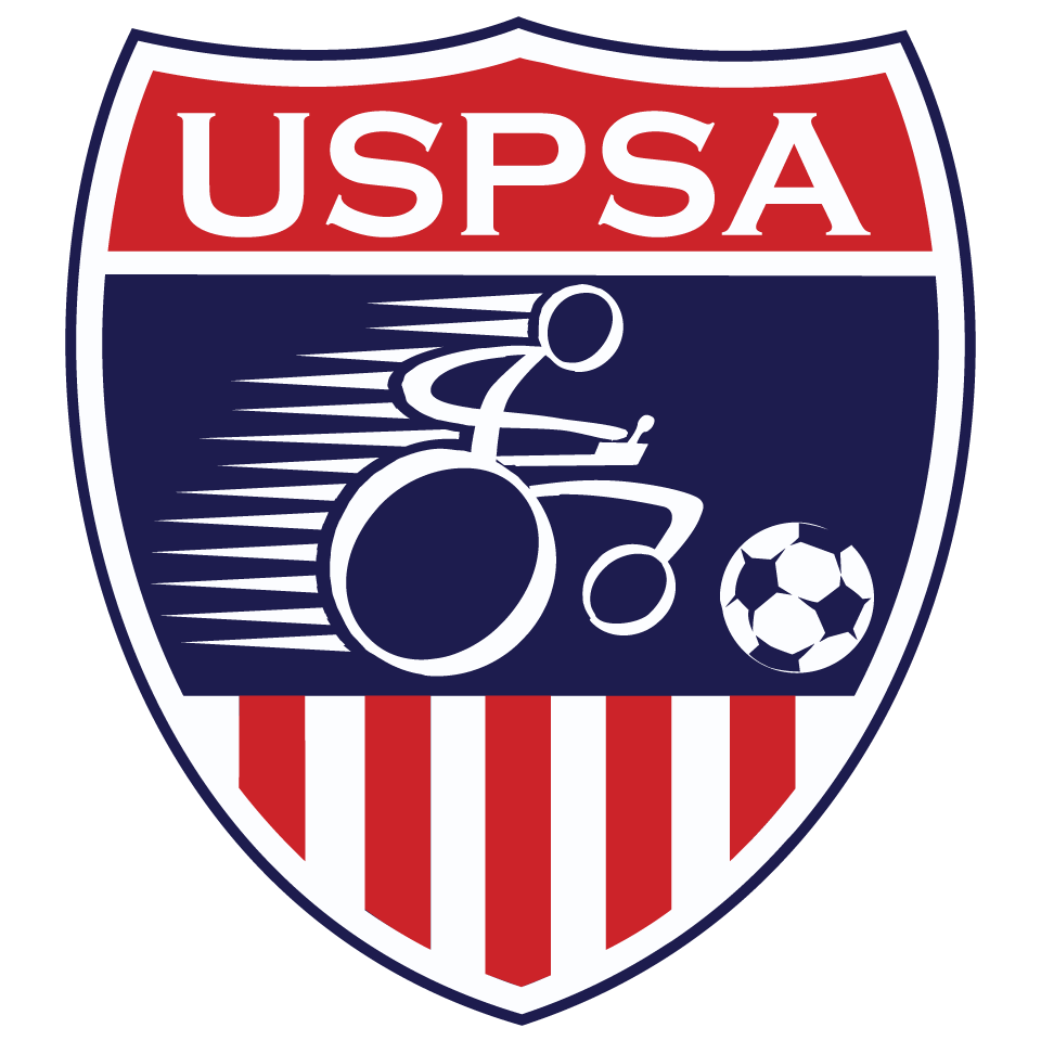 USPSA shield logo featuring a stylized figure in a wheelchair kicking a soccer ball with red and white stripes below.