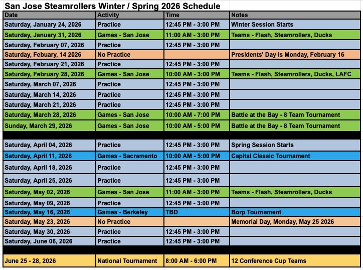 San Jose Steamrollers Winter/Spring 2026 schedule listing dates, activities, times, and notes including practice sessions, games, tournaments, and special events from January to June.