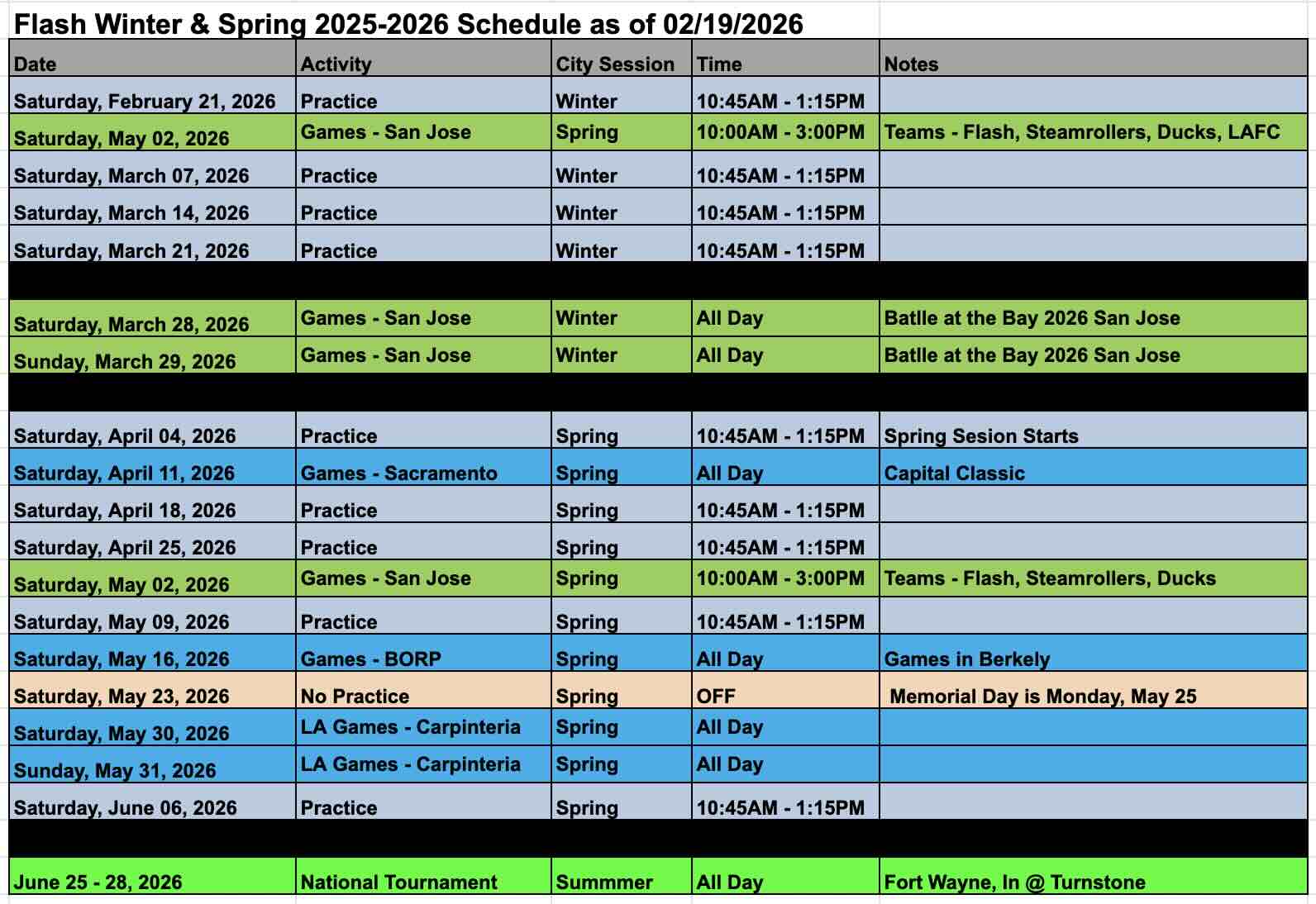 Flash Winter and Spring 2025-2026 schedule table listing dates, activities, city sessions, times, and notes including practice sessions, games in San Jose and Sacramento, and conference cup games in Fort Wayne.