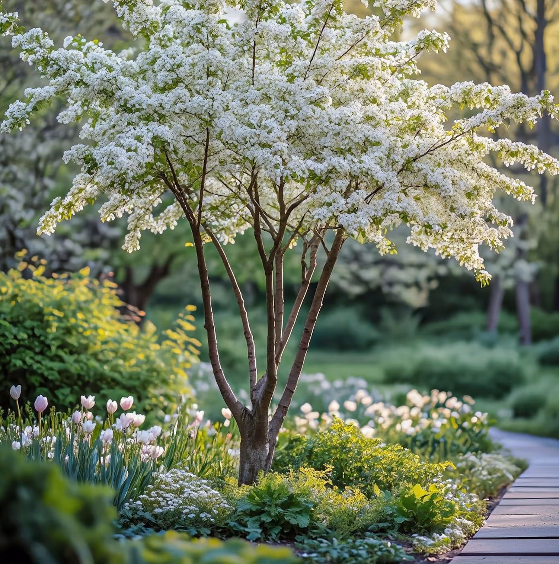 Cherry tree blooming in white and sunlight.