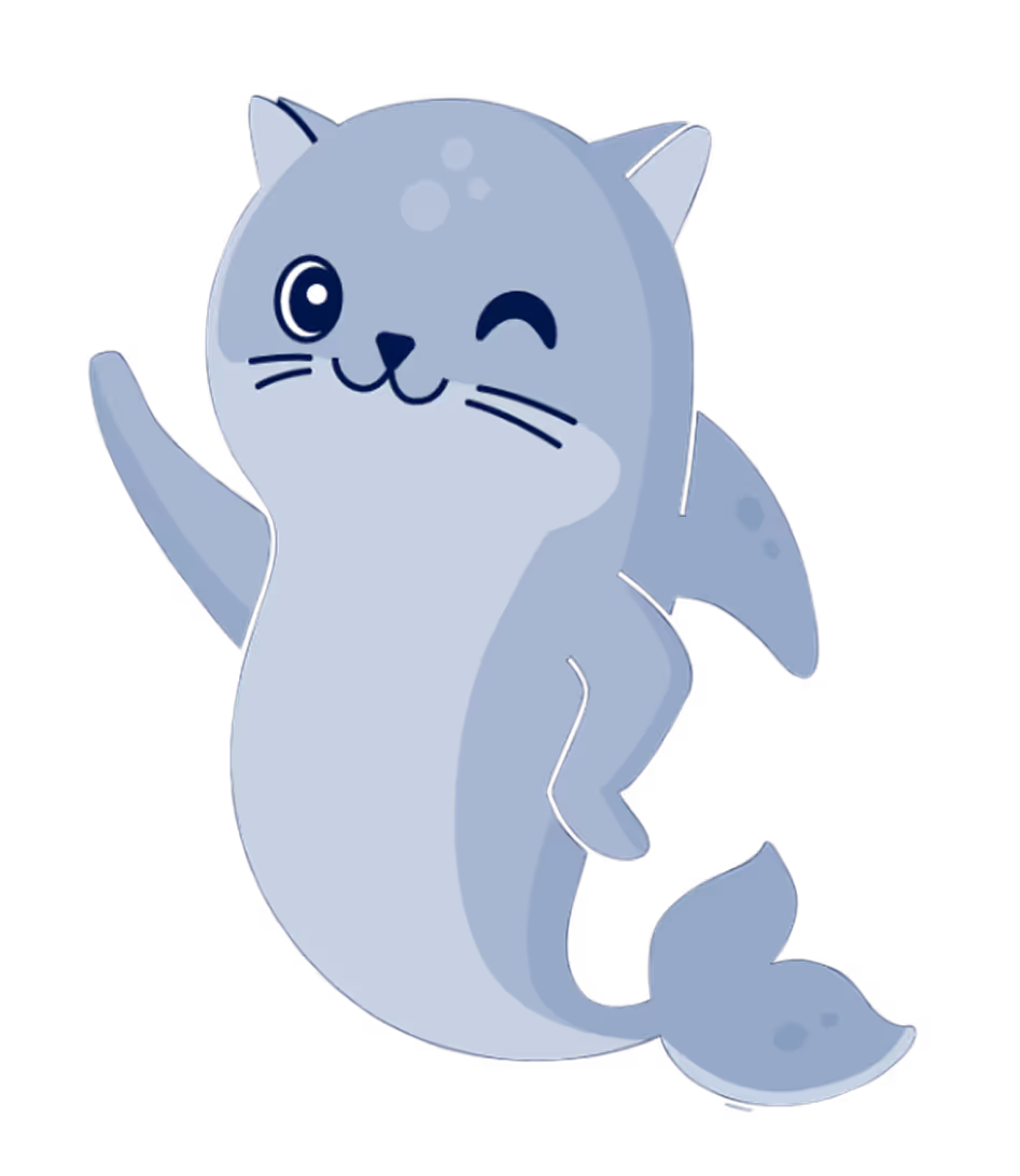 Cartoon hybrid animal with a cat's face and shark body winking and waving one fin.