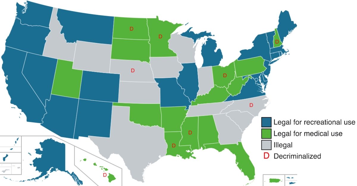 Legality of cannabis in the USA map