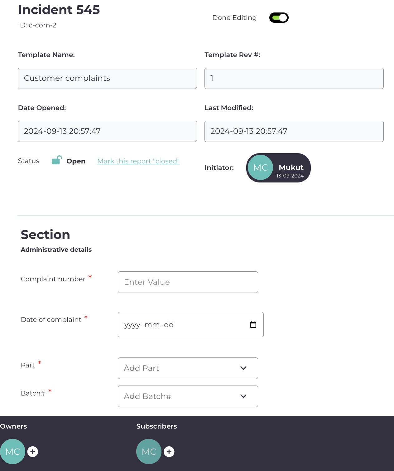 Customer complaint - new complaint creation