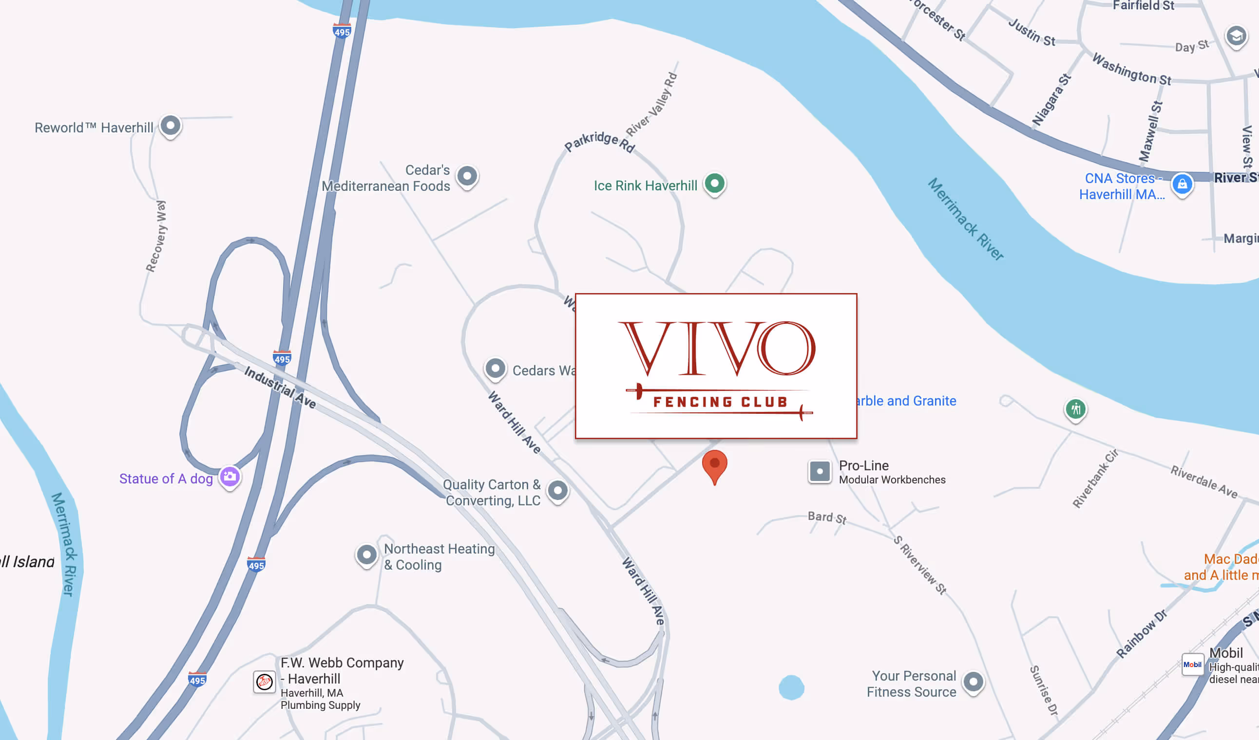 Map showing the location of Vivo Fencing Club near Ward Hill Avenue in Haverhill, MA, close to I-495 and Merrimack River.