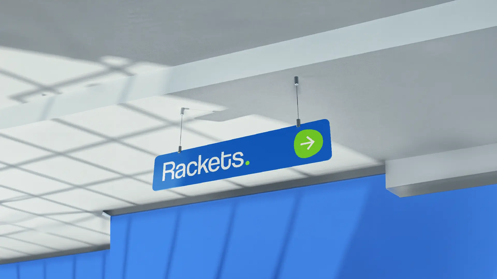 Het ontwerp van een hangend bord die de weg in de winkel naar de Rackets toont