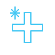Blue outlined medical cross with a small sparkling star in the top left corner.