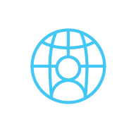 Blue icon of a person inside a globe representing global user or global profile.