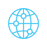 Blue outlined globe with three connected nodes representing a network.