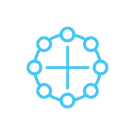 Blue network icon with a central circle connected to an outer ring of smaller circles, forming a symmetrical design.