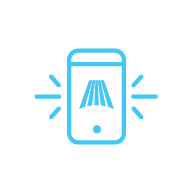 Blue smartphone icon with light rays and a mop symbol on the screen.