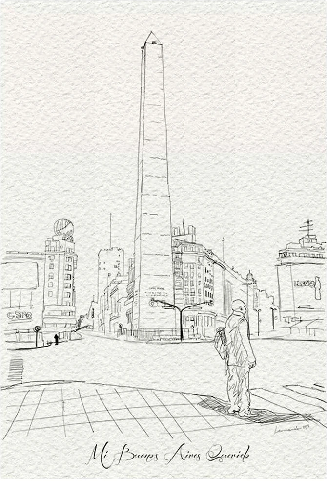 Sketch of Buenos Aires Obelisk with surrounding buildings and a person standing on a sidewalk.