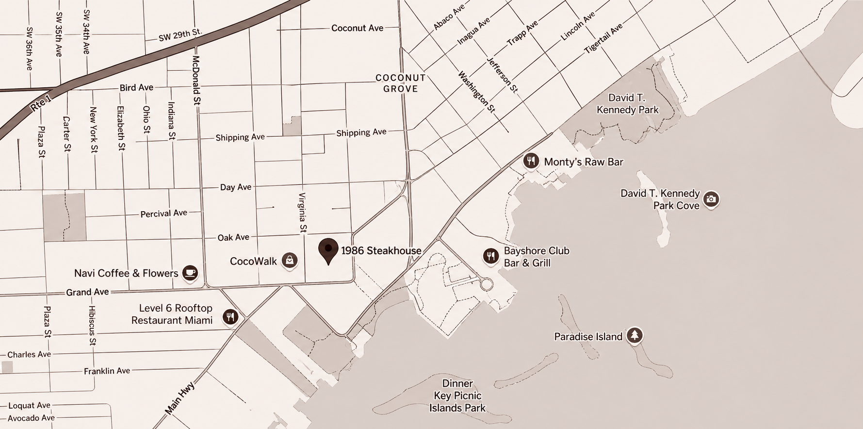 Map showing streets in Coconut Grove, Florida, highlighting Mayfair House Hotel & Garden near Virginia Street and Grand Avenue.