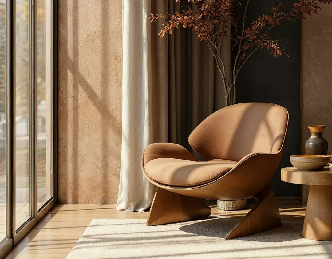 Modern tan armchair with wooden base next to a round wooden table holding ceramic pottery, situated by a large window with curtains and a decorative plant in a cozy living room.