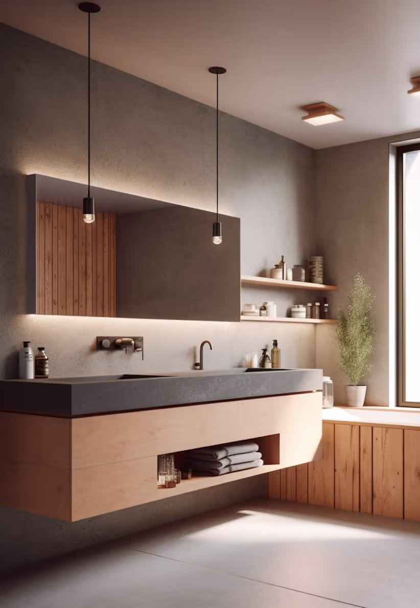 Modern bathroom with floating wooden vanity, large gray countertop sink, backlit mirror, hanging pendant lights, and potted plant by a window.