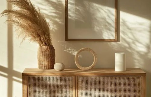 Sunlit wooden cabinet with wicker panels holding a tall vase with pampas grass, a small white vase, a circular woven mirror, and a white cylindrical vase.