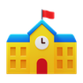 Icon of a yellow school building with a red door, clock, and red flag on the roof.