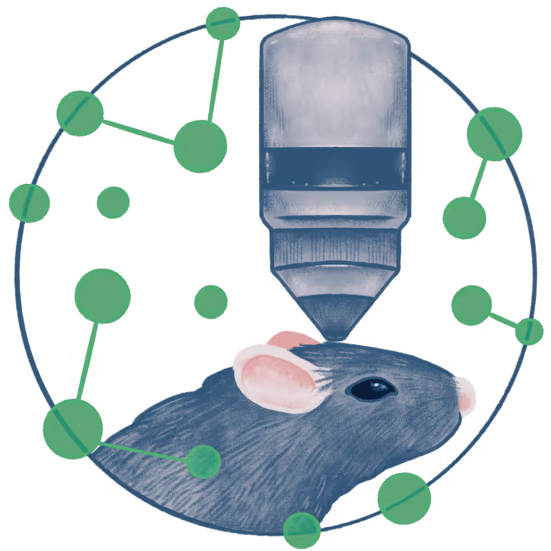 Illustration of a mouse drinking from a water dispenser with connected green molecular structure symbols surrounding it.