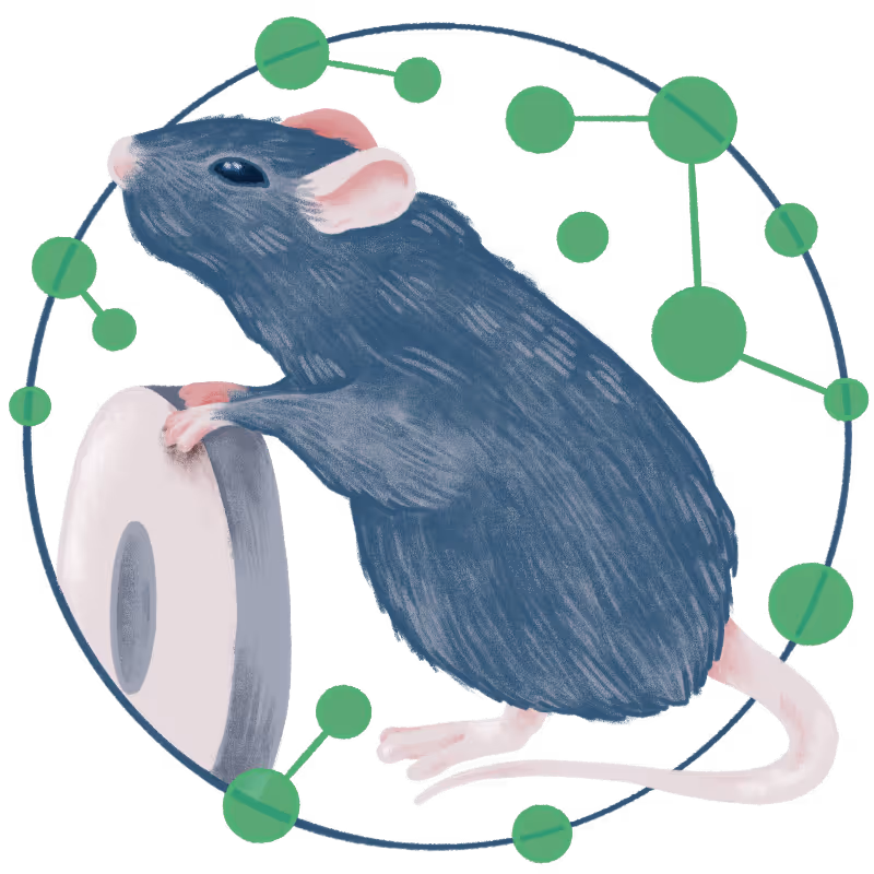 Illustration of a black mouse standing on its hind legs and holding a white cylindrical object, surrounded by a circular pattern of connected green nodes.