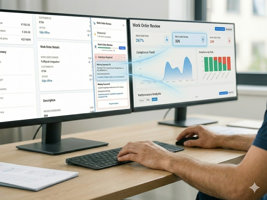Dual computer monitors displaying job details and Taskora interface with tasks such as contract confirmation and safety report.
