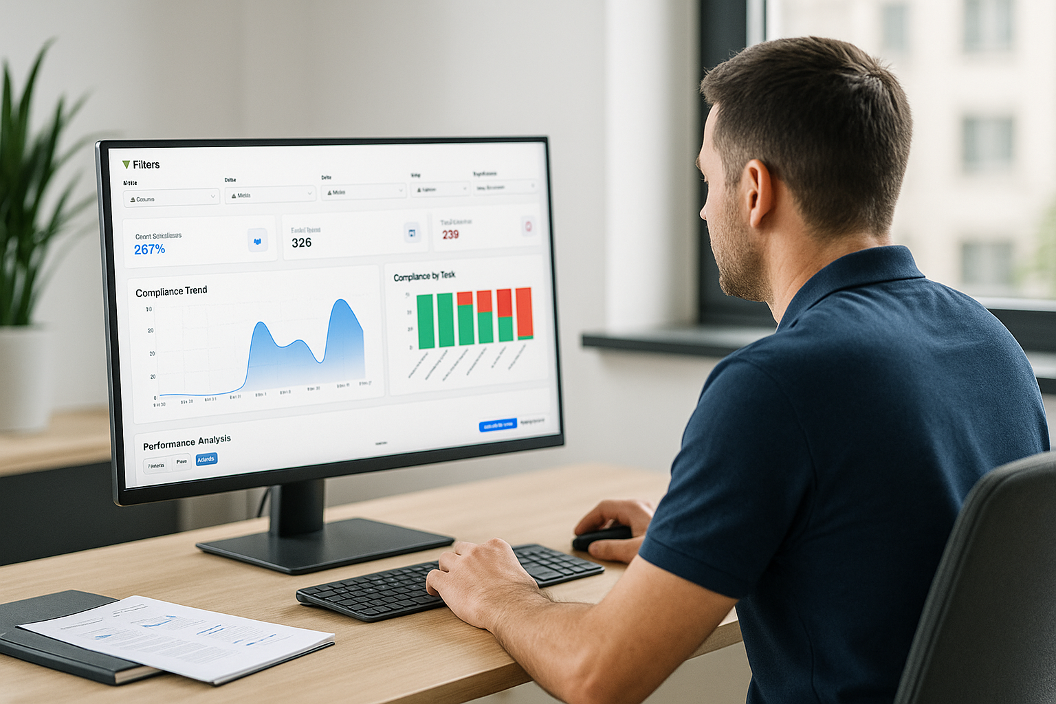 Man in navy blue shirt working on a desktop computer displaying compliance and performance analysis charts.
