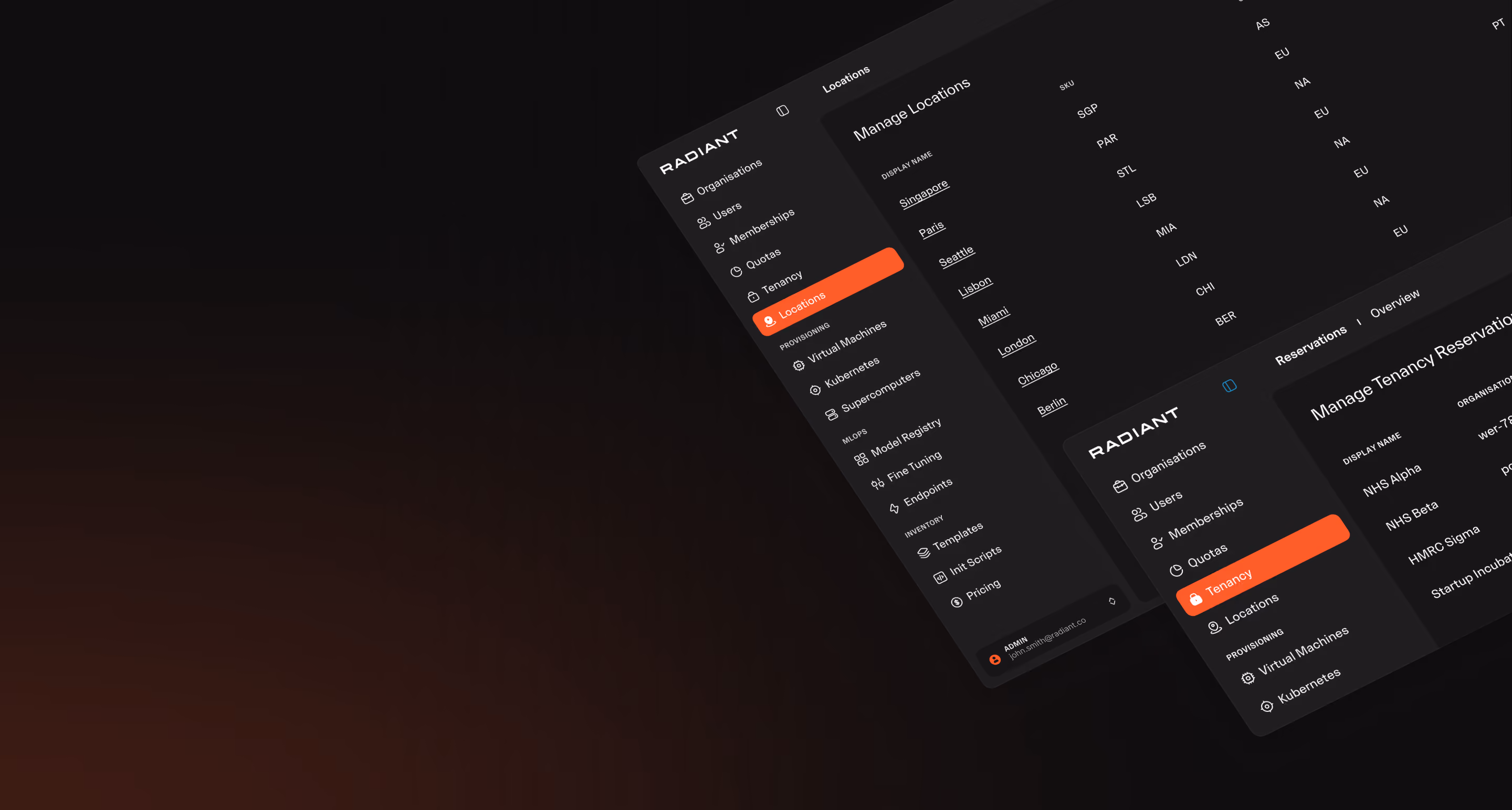Dark-themed software interface with sidebar menus highlighting Locations and Tenancy sections, showing options like Organisations, Users, Memberships, and Virtual Machines.