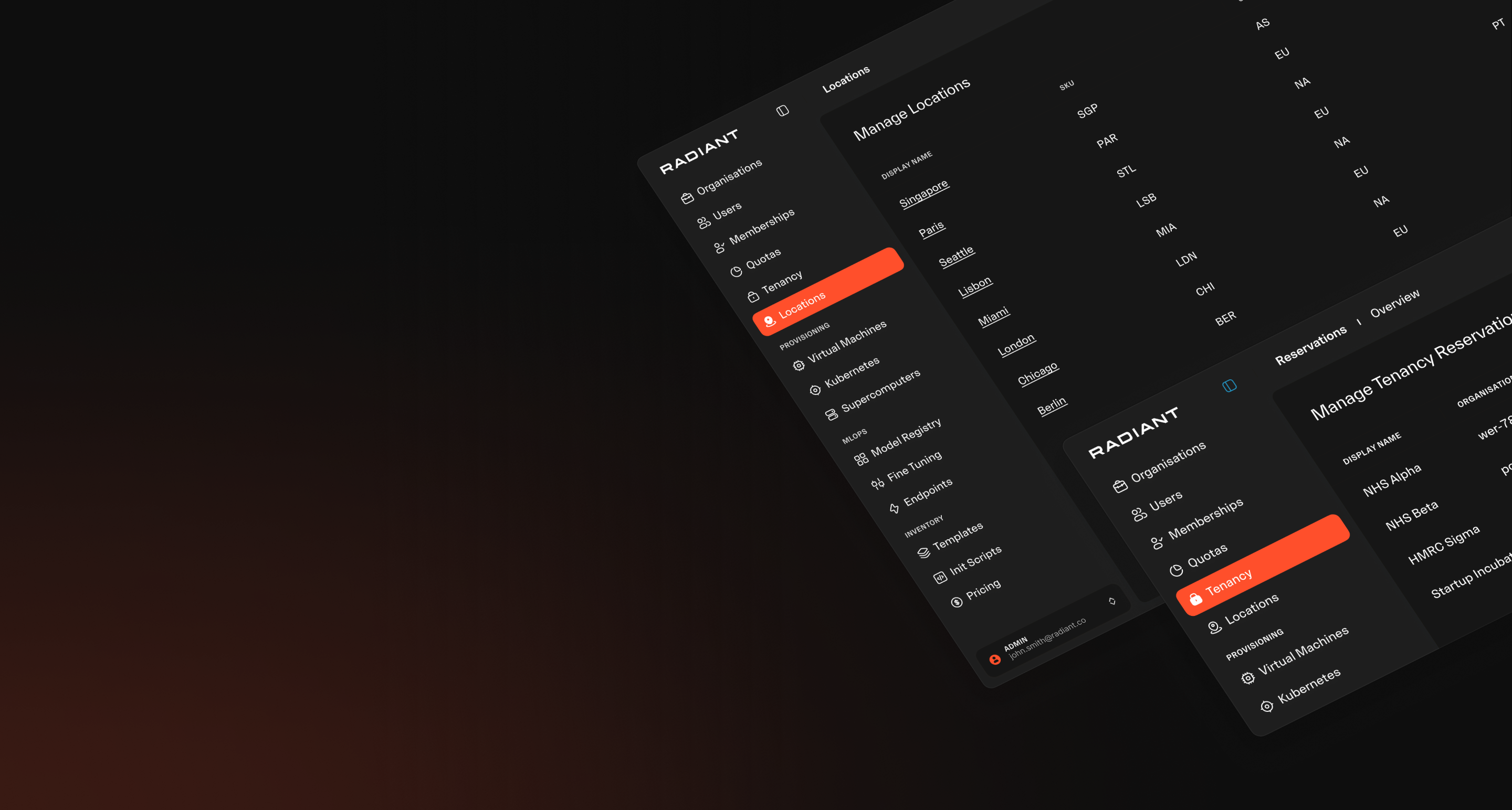 Dark-themed software interface with sidebar menus highlighting Locations and Tenancy sections, showing options like Organisations, Users, Memberships, and Virtual Machines.