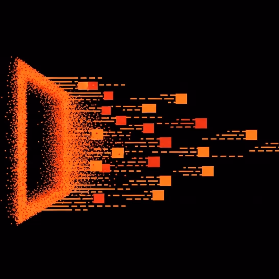 Abstract orange digital funnel with particles and squares dispersing to the right on a black background.