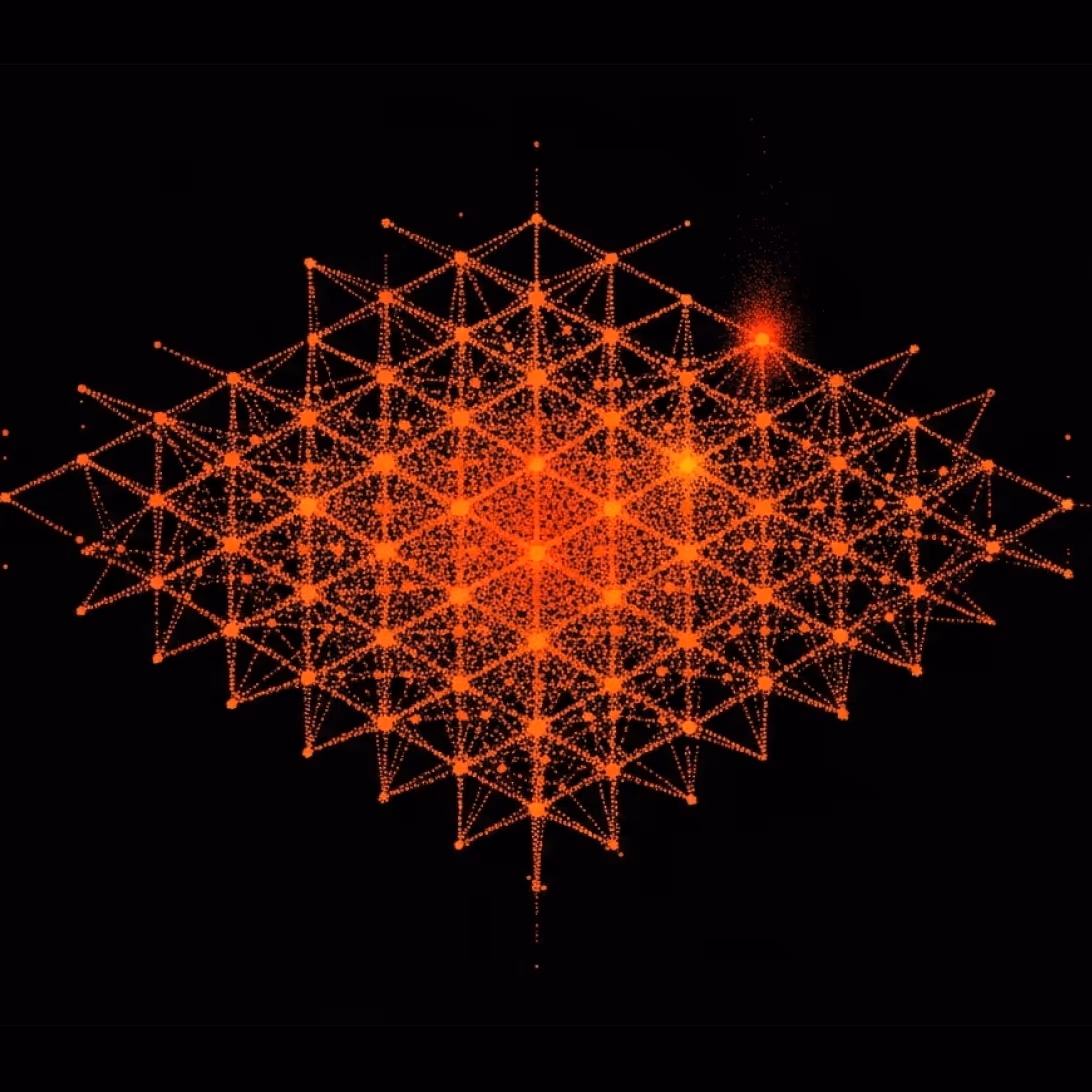 Glowing orange interconnected nodes forming a complex geometric network on a black background.