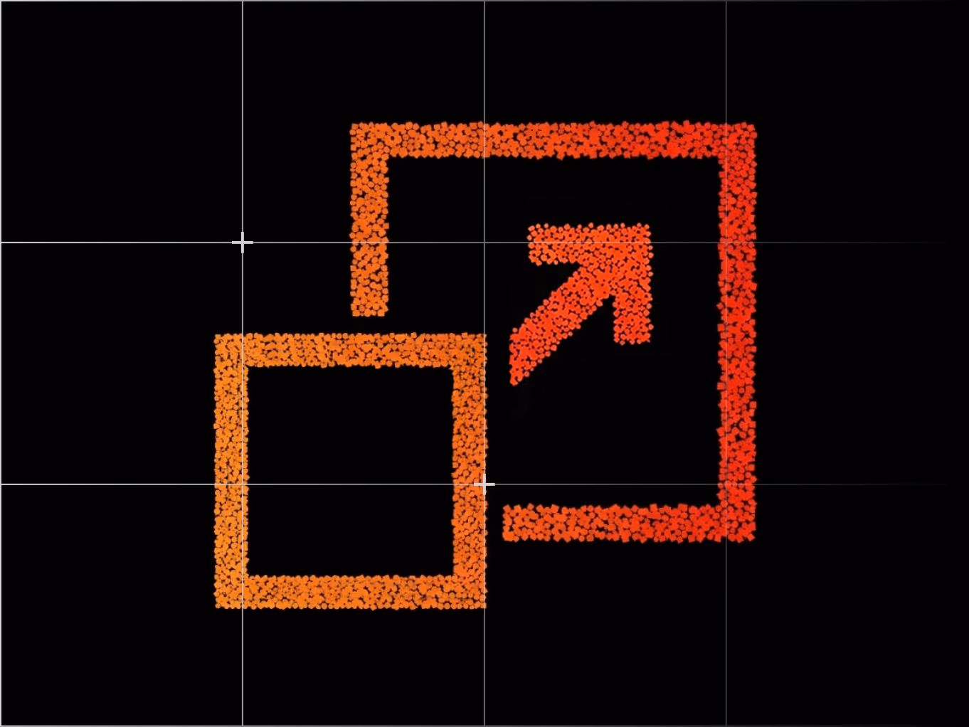 Orange and red pixelated arrow pointing outward from a square, symbolizing external link or expansion.