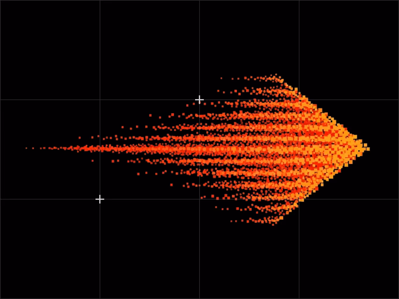 Visualization of orange and red particles spreading outward symmetrically on a black background.