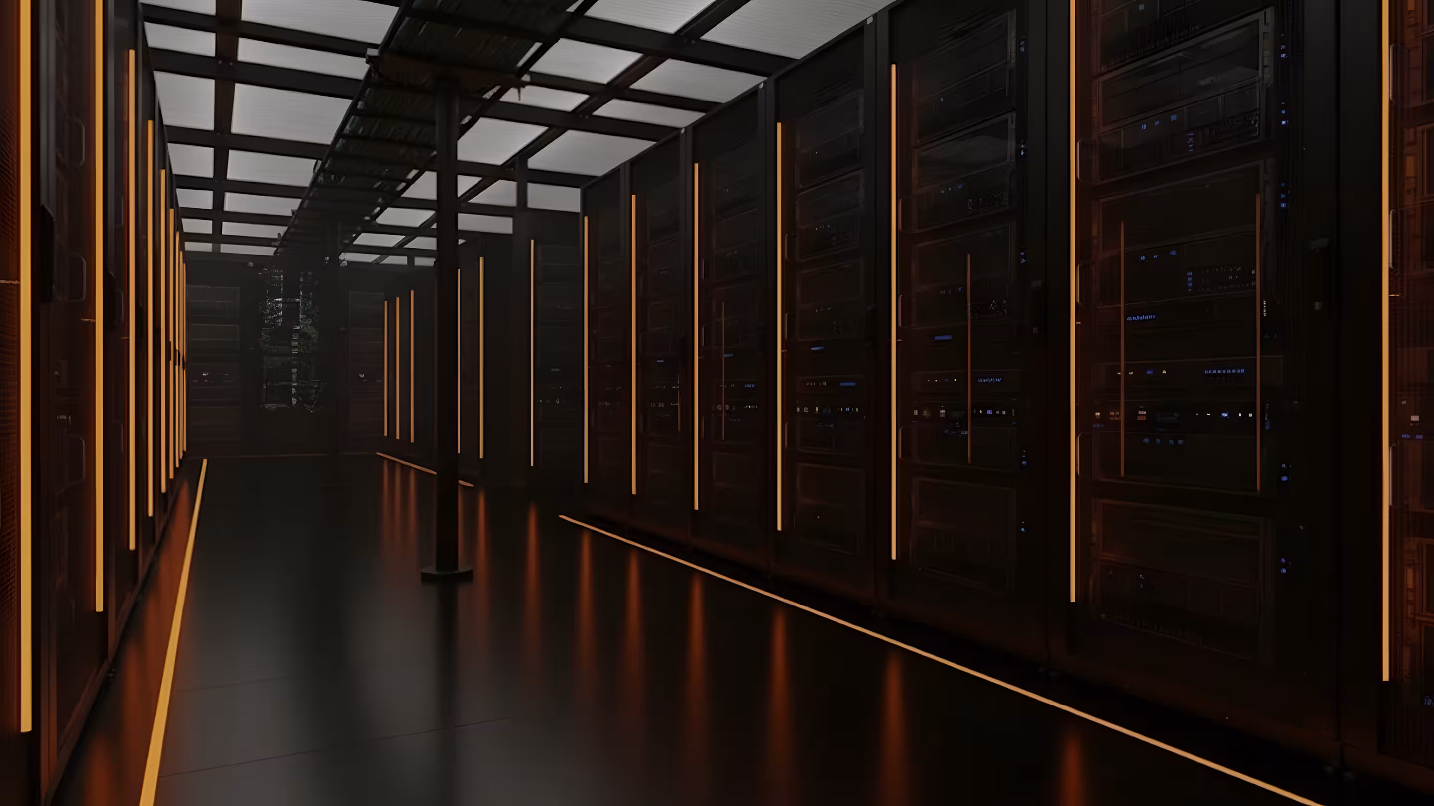 Dimly lit data center aisle with rows of black server racks highlighted by vertical orange LED lights.