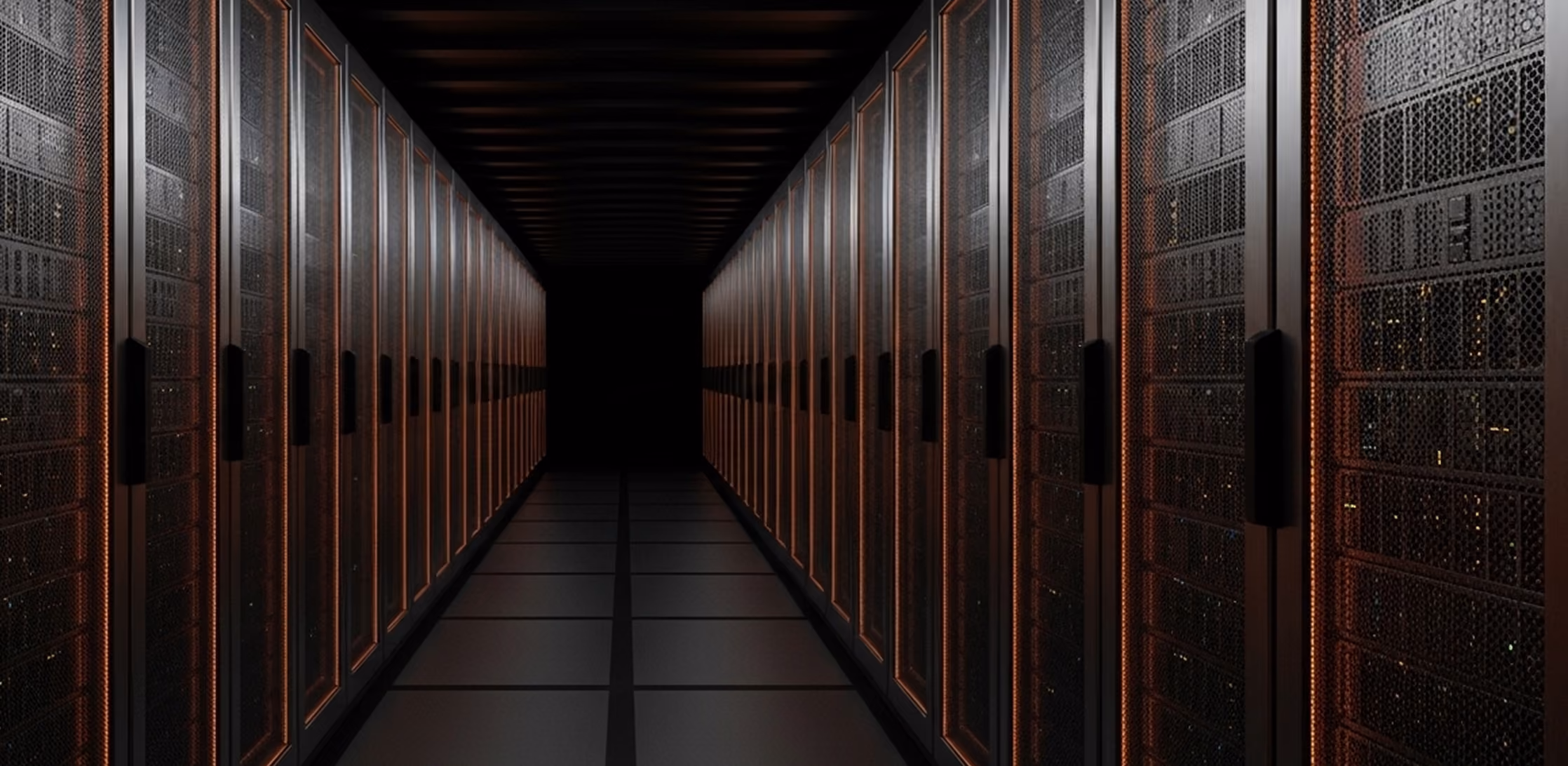 Symmetrical server racks glowing with orange lights in a dark data center aisle.