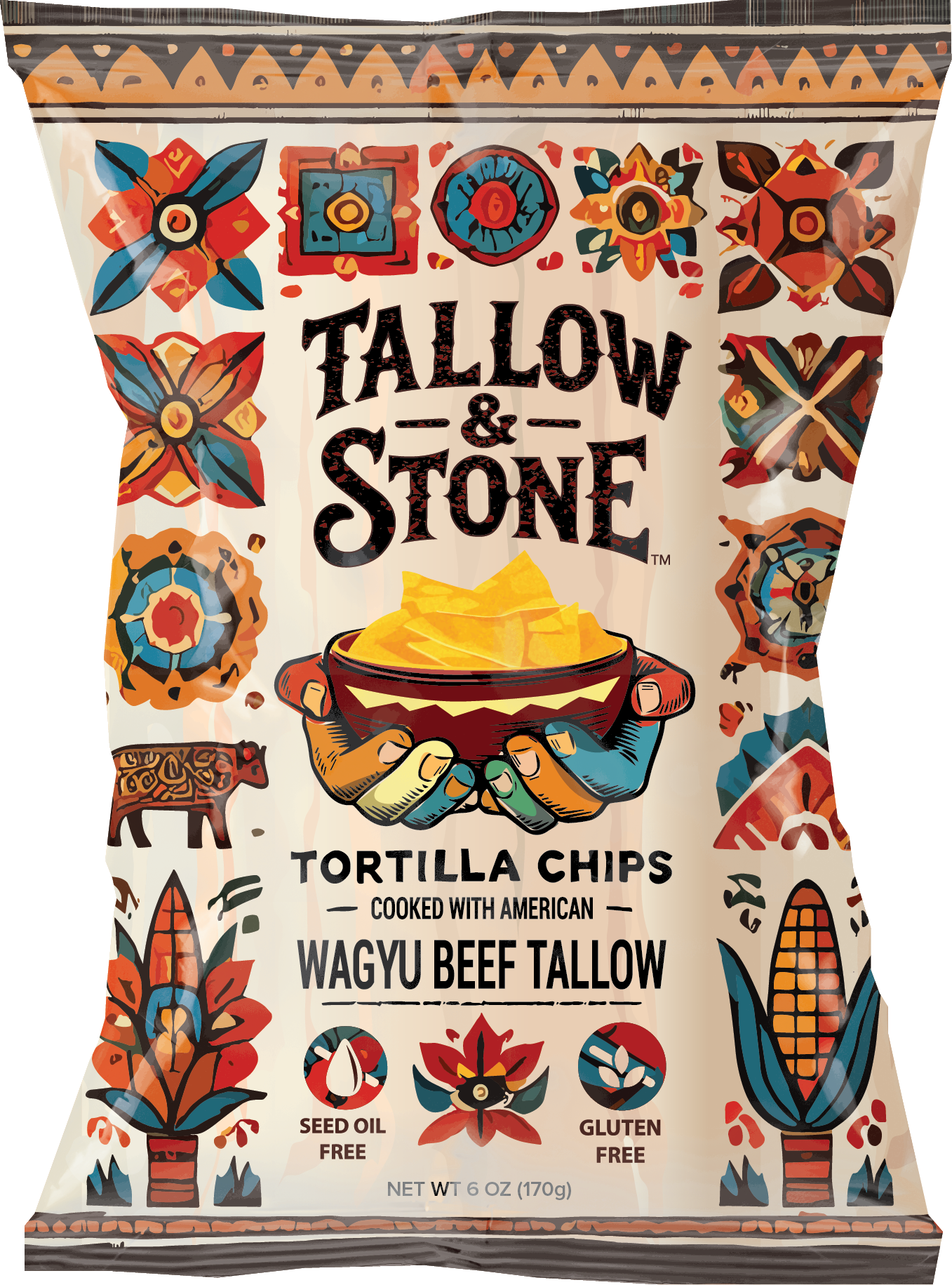 Bag of Tallow & Stone tortilla chips cooked with American wagyu beef tallow, decorated with colorful floral and geometric patterns.