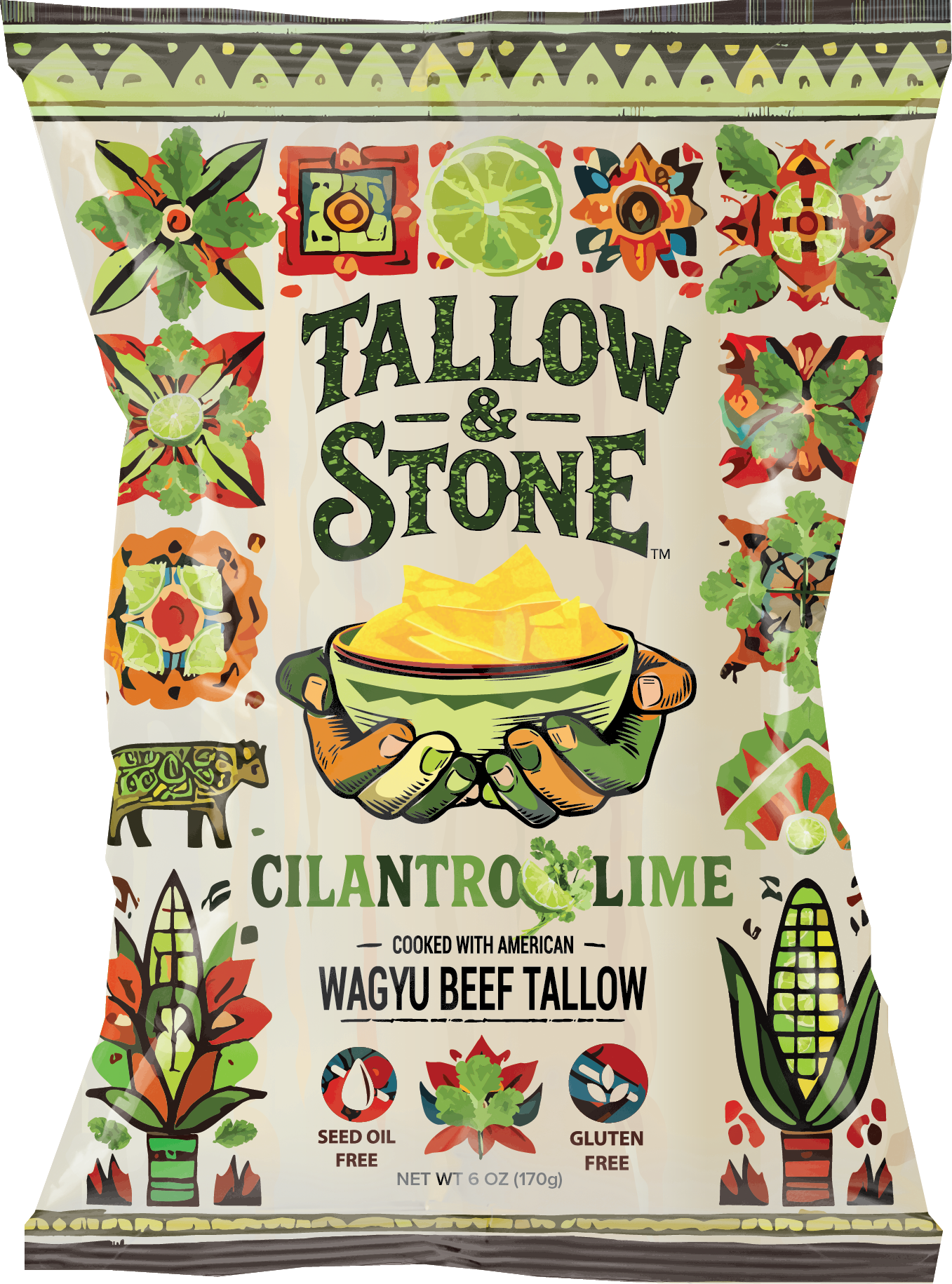Tallow & Stone Cilantro Lime chips bag cooked with American wagyu beef tallow, seed oil free, gluten free, 6 oz.