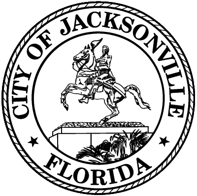 Seal of the City of Jacksonville, Florida, featuring a statue of a person on a horse.