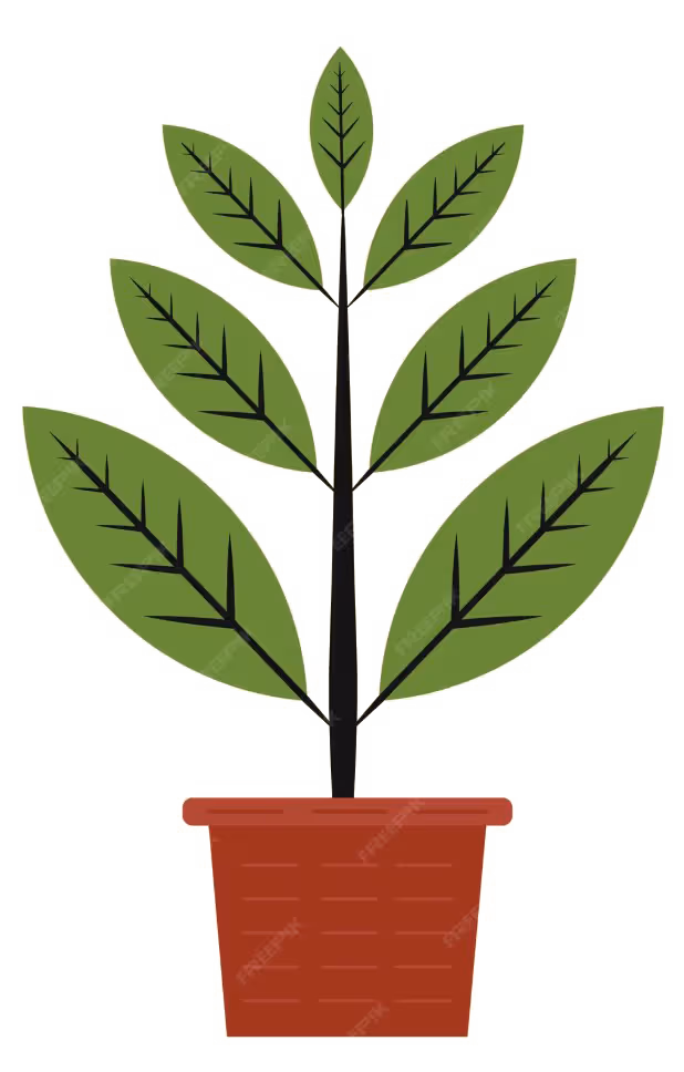 Illustration of a potted plant with a brown pot and green leaves featuring black vein patterns.
