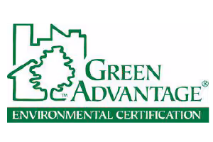 Green Advantage Environmental Certification logo featuring a house and tree outline in green.