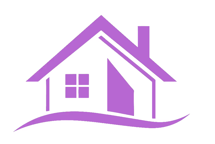 Purple house icon with an open door and a window, featuring a curved line underneath.