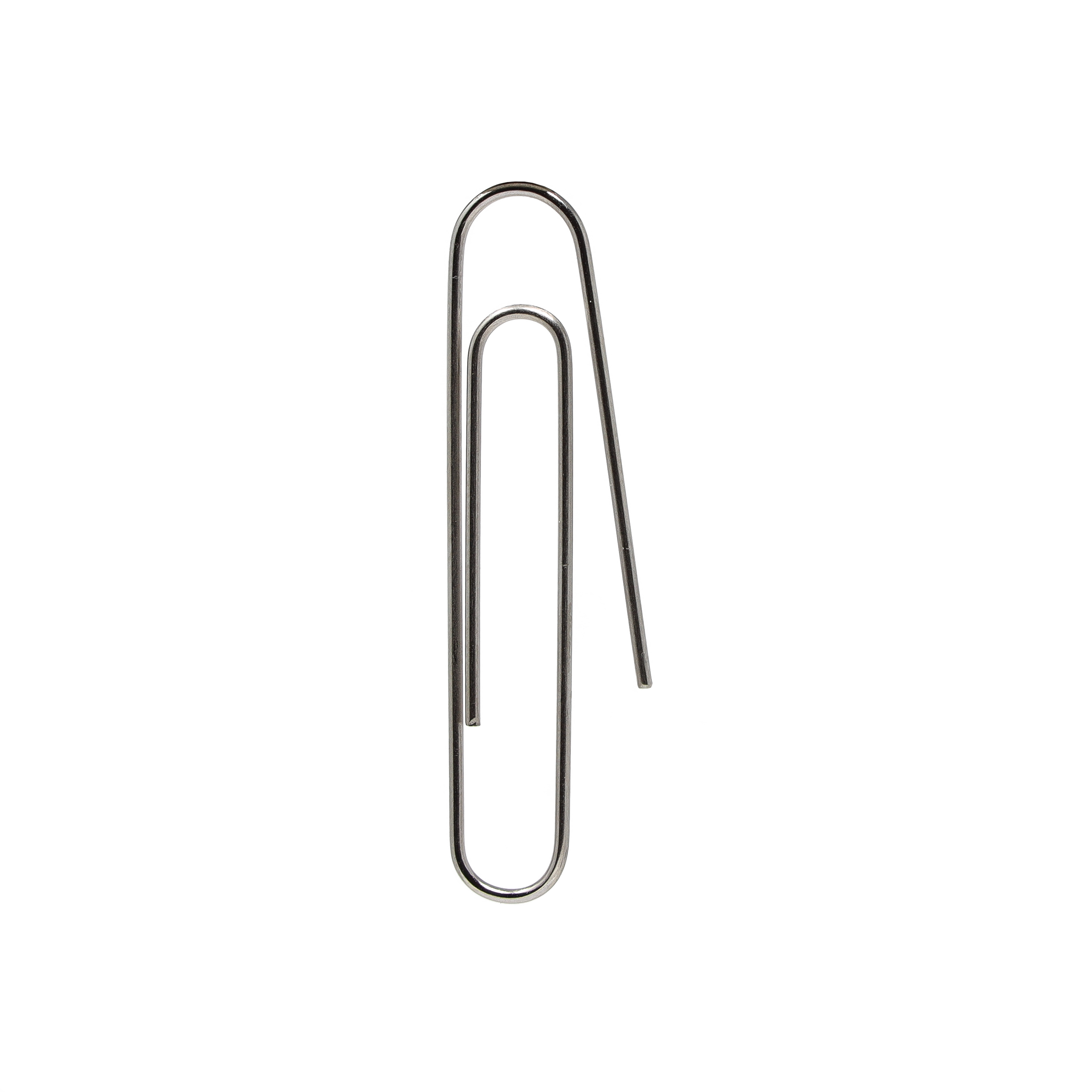Silver metal paperclip on white background.
