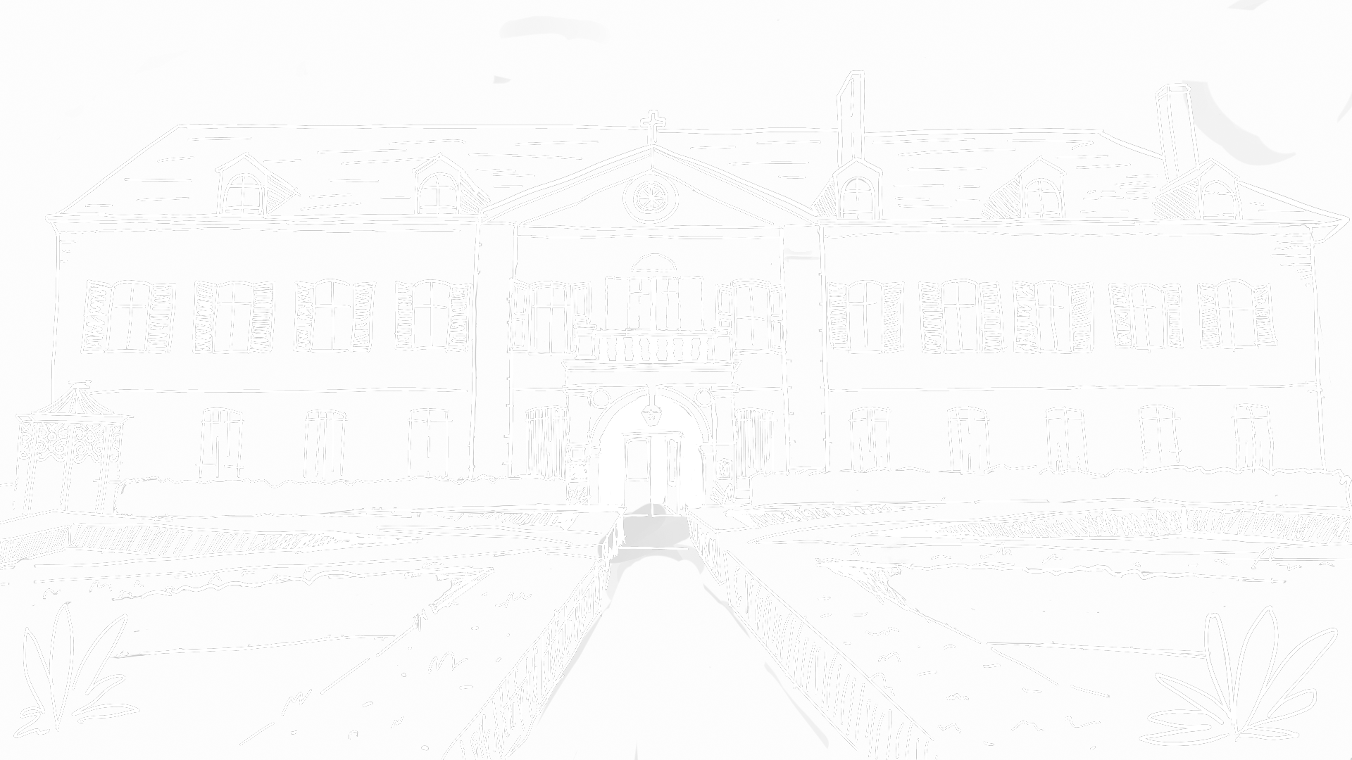 White line drawing of a large two-story building with multiple windows, a cross on top, and a garden with paths in front.