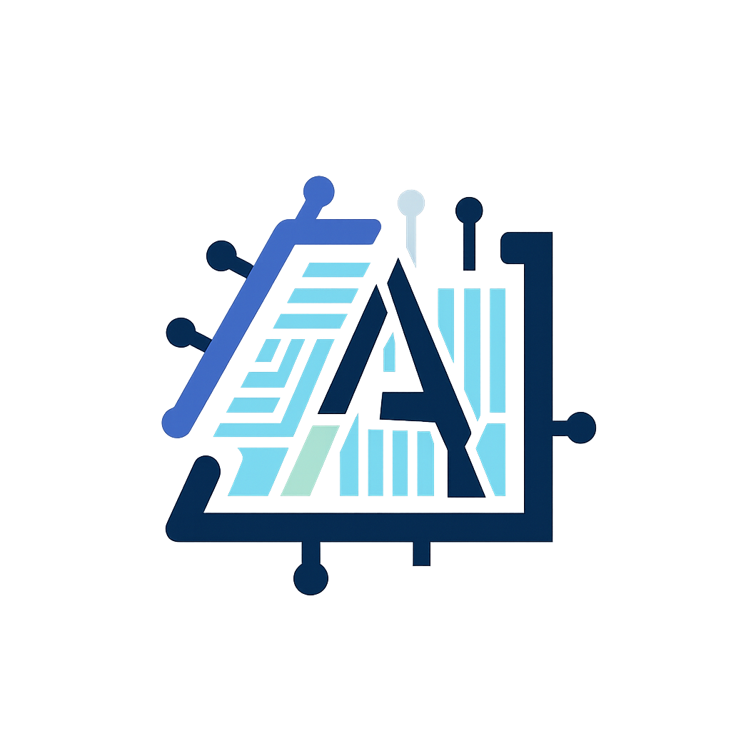 Glowing stylized blue AI circuit chip icon on dark background.