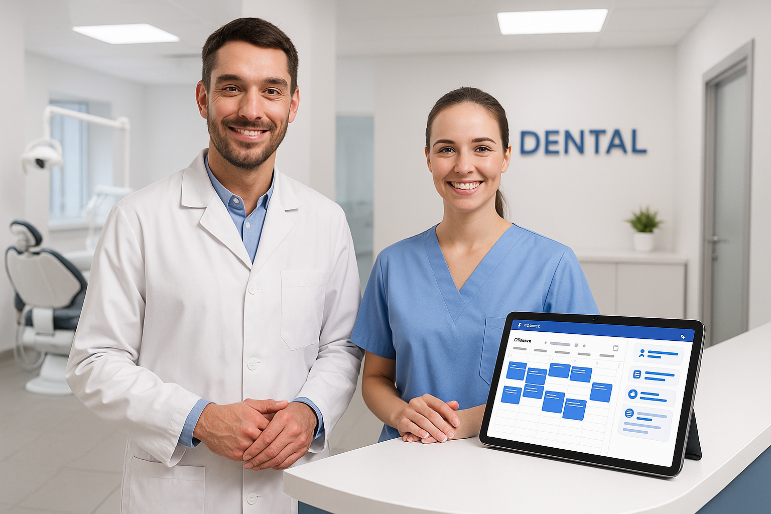 Modern dental practice front desk using an automated blue and white scheduling dashboard on a tablet