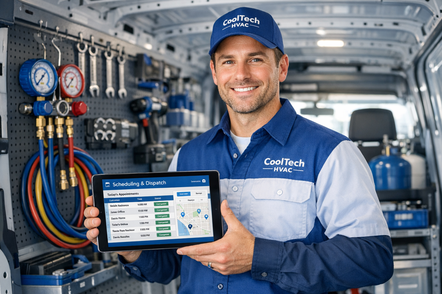 HVAC technician using an automated blue and white scheduling dashboard on a tablet in an organized service van