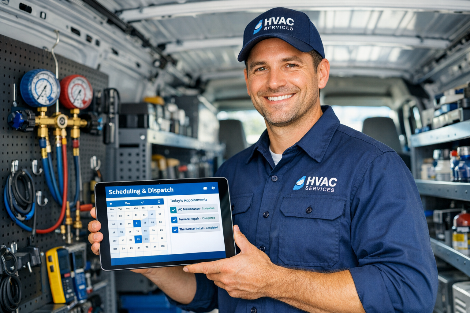 HVAC technician using an automated blue and white scheduling dashboard on a tablet in an organized service van