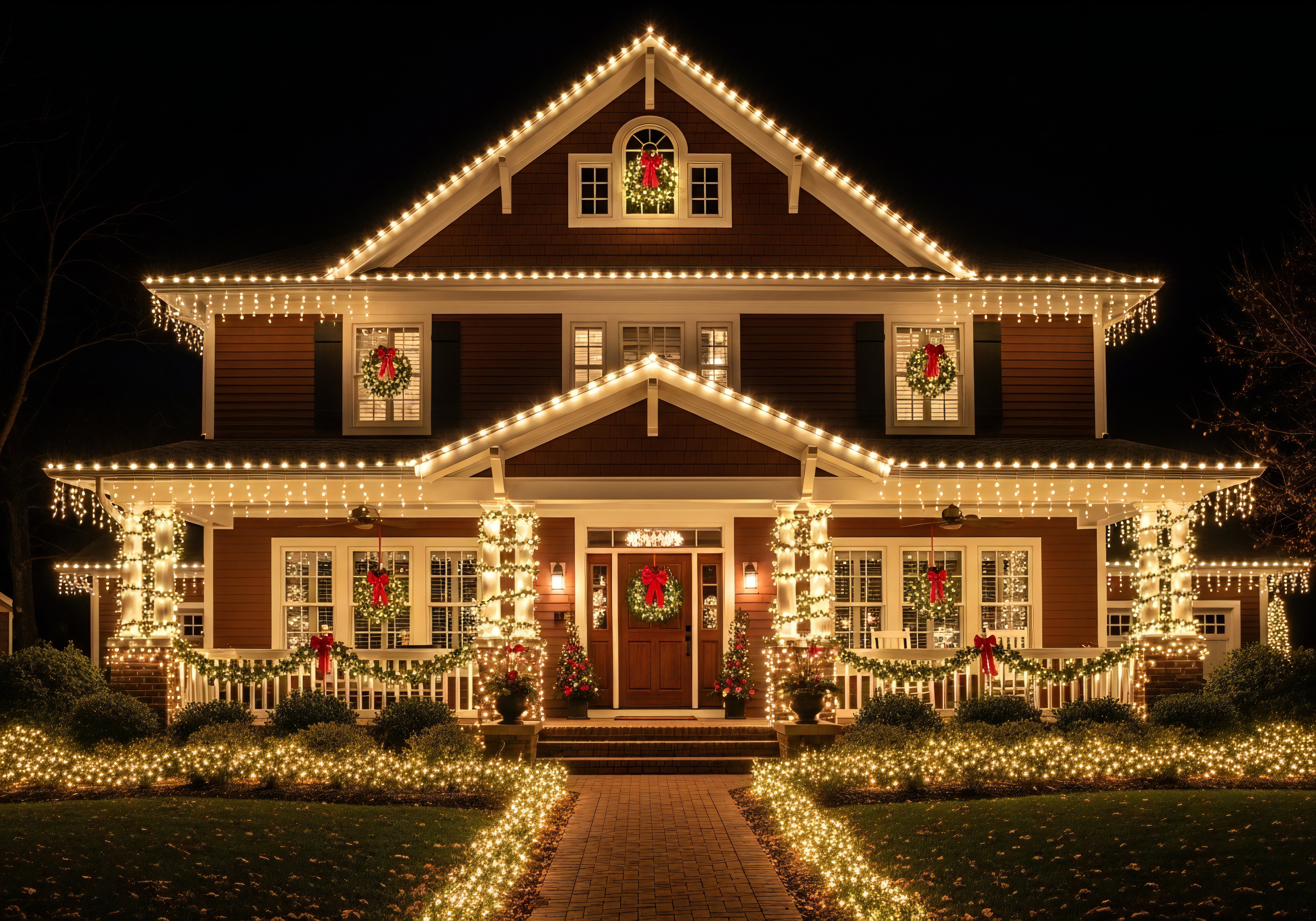 Large two-story house decorated with warm white Christmas lights and wreaths with red bows at night.